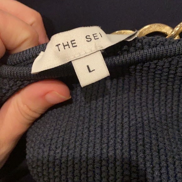 THE SEI / KNIT CHAIN embellished mini Bodycon DRESS in navy blue beetle large L - Picture 6 of 8